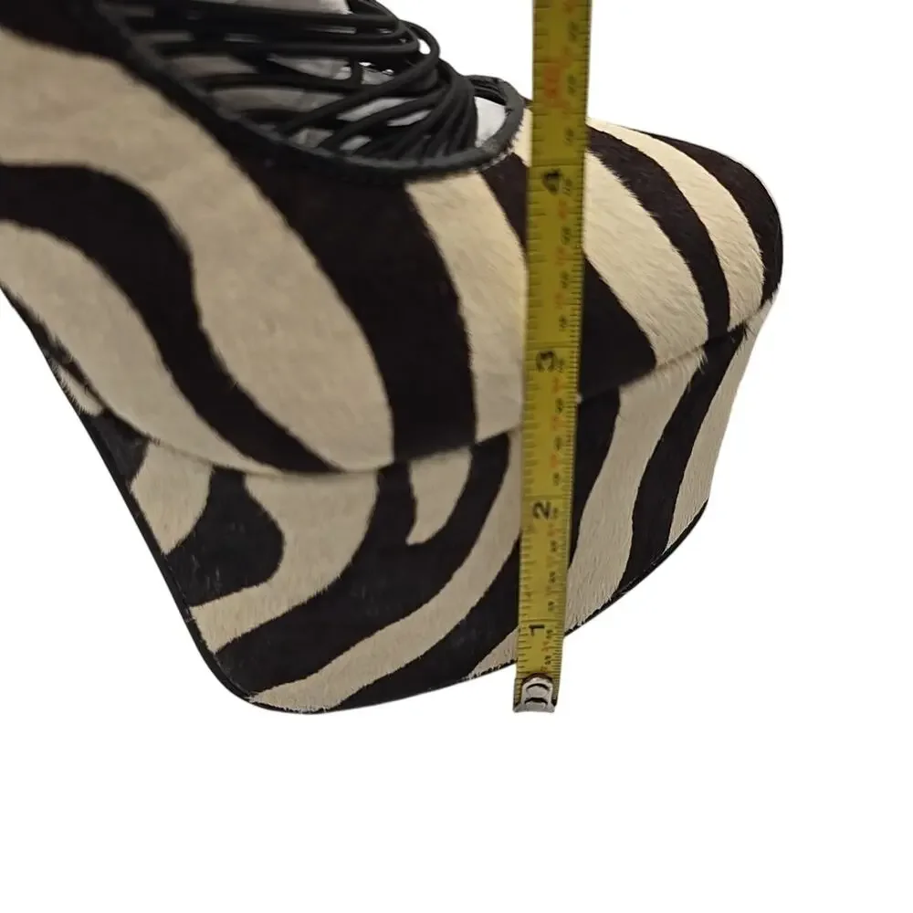London Trash Zebra Stripes Pony Hair Platform Shoes Heels Leather sz 8 Pinup - Picture 11 of 16